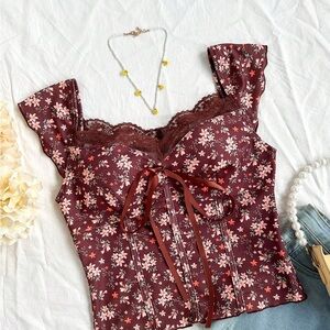 CIDER floral lace tie front top T-Shirt